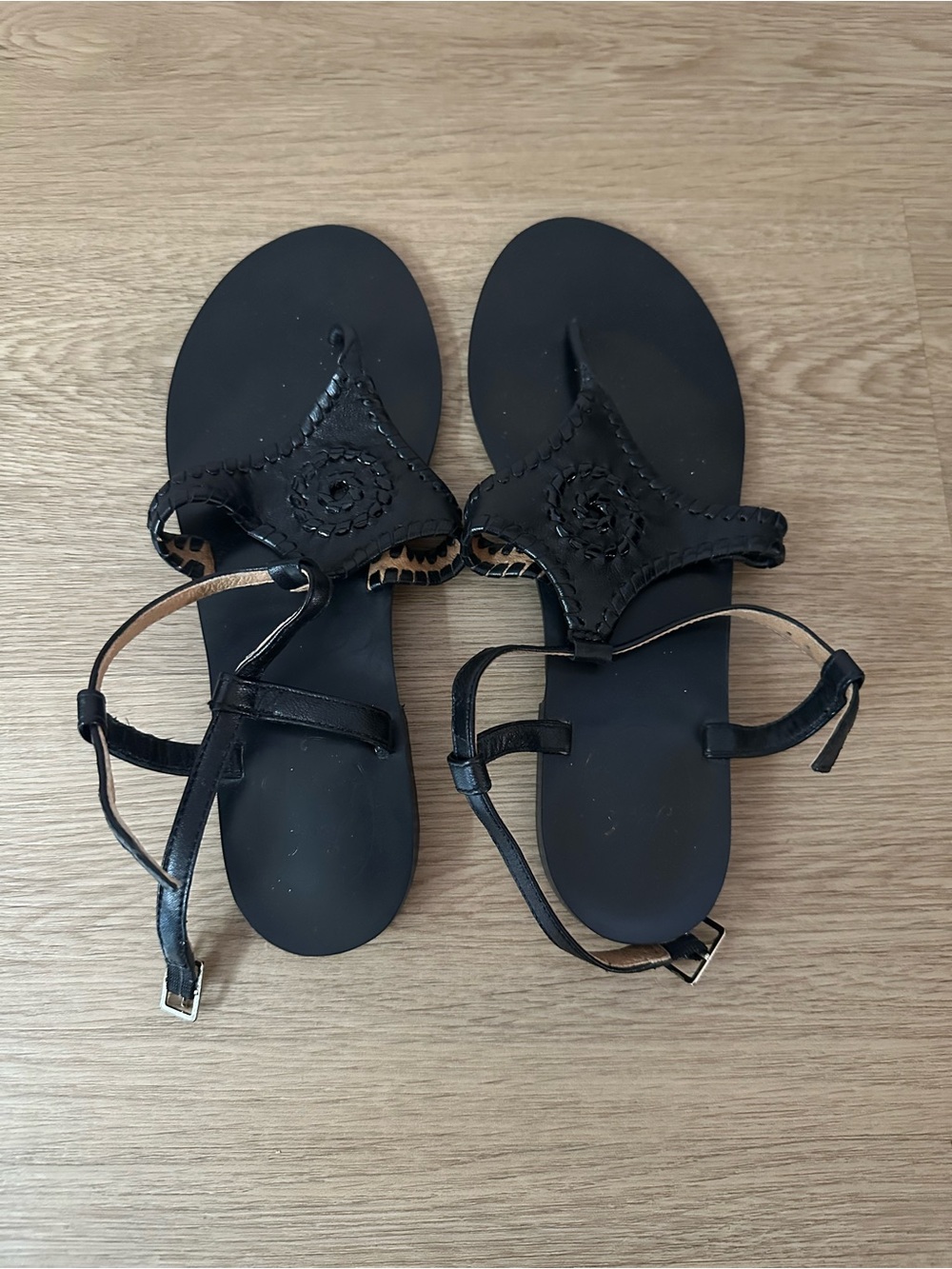 Jack Rogers Black Leather Ankle Strap Sandals with Leopard Trim